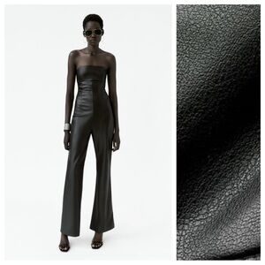 NWT. Zara Black Faux Leather Long Strapless Jumpsuit. Size M.